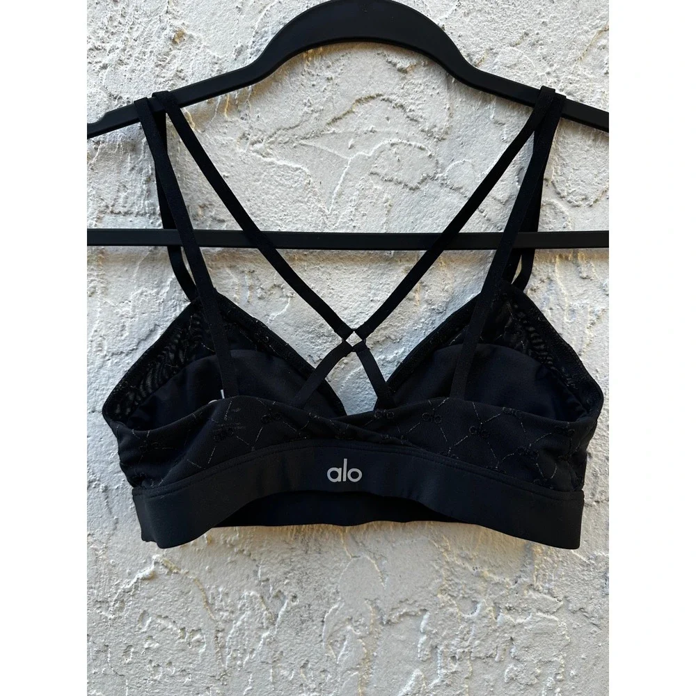 Alo Yoga Airlift Mesh Celeste Sports Bra Black Strappy Logo Spo XS